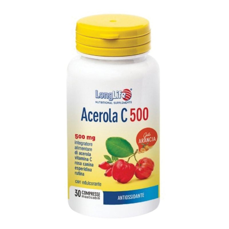 Longlife Acerola 500 Milligrammi Integratore di Vitamina C Naturale al Gusto Arancia 30 Compresse Longlife Acerola 500 Milligrammi Integratore di Vitamina C Naturale al Gusto Arancia 30 Compresse