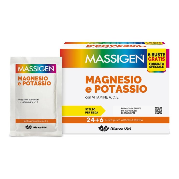 Massigen Magnesio e Potassio gusto arancia integratore 24+6 bustine Massigen Magnesio e Potassio gusto arancia integratore 24+6 bustine