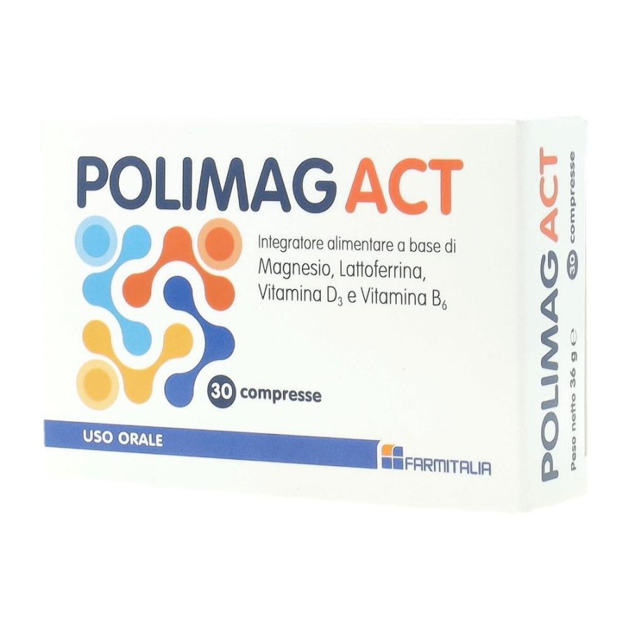 Polimag Act 30 compresse integratore con magnesio, vitamina D3, lattoferrina e vitamina B6 Polimag Act 30 compresse integratore con magnesio, vitamina D3, lattoferrina e vitamina B6