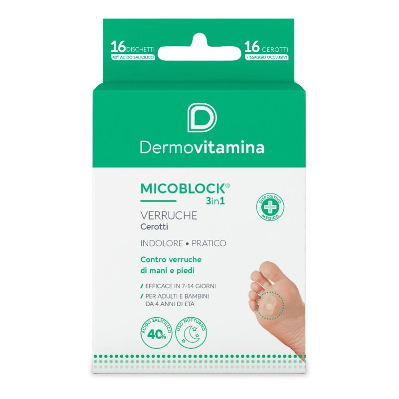 Dermovitamina Micoblock 3in1 Verruche cerotti con acido salicilico 40% 16 dischetti