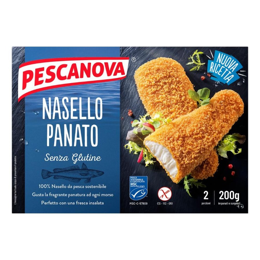 Pescanova nasello panato 200 g - bocconcini di nasello impanati surgelati Pescanova nasello panato 200 g - bocconcini di nasello impanati surgelati