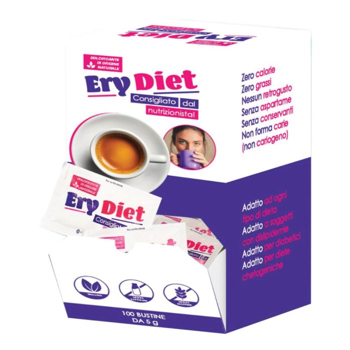 Dolcificante Ery Diet 100 Bustine a Basso Contenuto Calorico per Dieta e Controllo degli Zuccheri