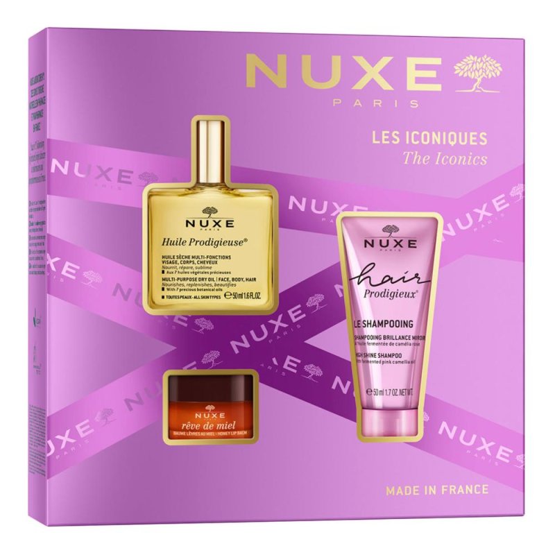 Nuxe Gli Iconici cofanetto con olio secco multi-funzioni 50ml + shampoo effetto lucentezza 50ml + balsamo labbra ultra-nutriente 15 grammi
