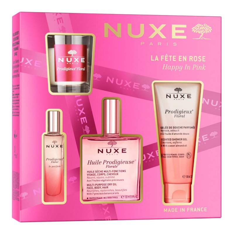 Nuxe La F&ecirc;te en Rose Happy In Pink Florale cofanetto con olio secco 100ml + profumo 15ml + gel doccia 100ml + candela profumata 70 grammi