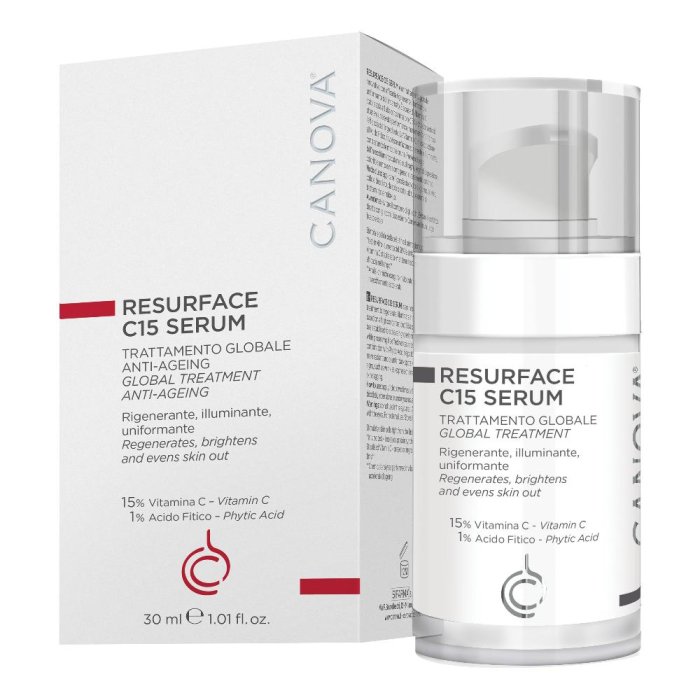 Canova Resurface C-15 Serum Viso alla Vitamina C 15% Antiage Illuminante Antiossidante per Macchie e Rughe Canova Resurface C-15 Serum Viso alla Vitamina C 15% Antiage Illuminante Antiossidante per Macchie e Rughe