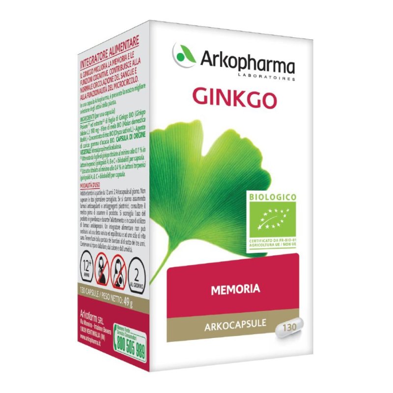Arkocapsule Ginkgo Bio 130 Capsule Integratore Naturale per Memoria, Concentrazione e Circolazione Arkocapsule Ginkgo Bio 130 Capsule Integratore Naturale per Memoria, Concentrazione e Circolazione