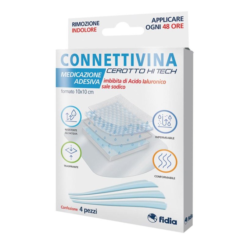 Connettivina cerotto Hi Tech 4 pezzi medicazione con acido ialuronico per ferite superficiali 10X10 cm Connettivina cerotto Hi Tech 4 pezzi medicazione con acido ialuronico per ferite superficiali 10X10 cm