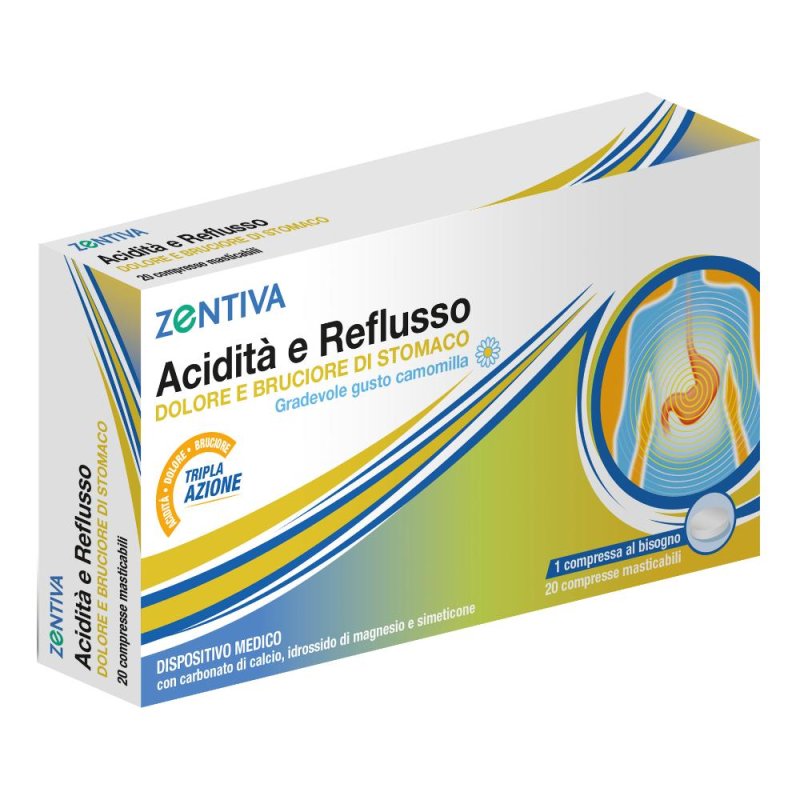 Zentiva Acidit&agrave; e Reflusso - Dispositivo Medico per Dolore e Bruciore di Stomaco - 20 Compresse Masticabili da 2,4 g