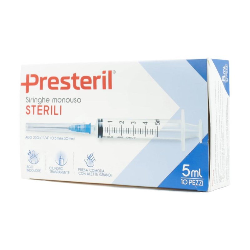 Siringhe sterili da 5 millilitri con ago 23 gauge MediPrest confezione da 10 pezzi per iniezioni and prelievi the uso medico