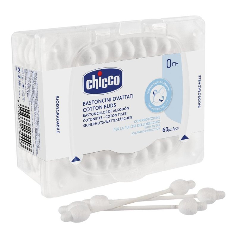 Chicco Bastoncini Ovattati con Protezione per Timpani Igiene Orecchio 60 Pezzi Chicco Bastoncini Ovattati con Protezione per Timpani Igiene Orecchio 60 Pezzi