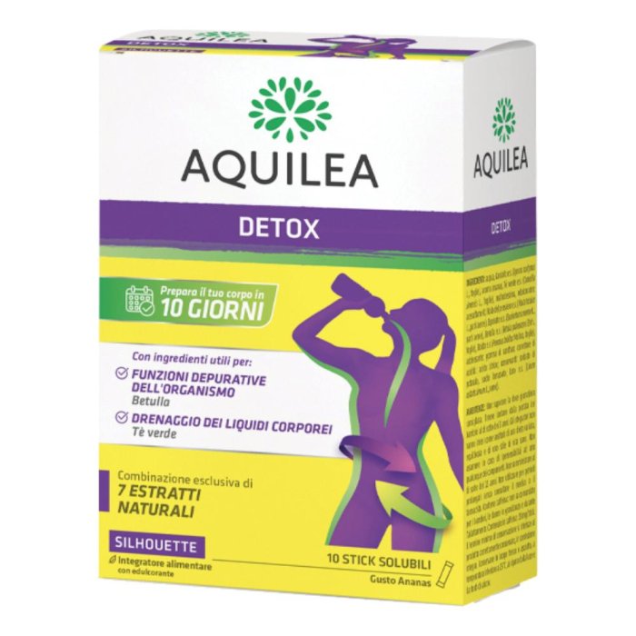 Aquilea Detox 10 stick - integratore depurativo e drenante con 7 estratti naturali gusto ananas Aquilea Detox 10 stick - integratore depurativo e drenante con 7 estratti naturali gusto ananas