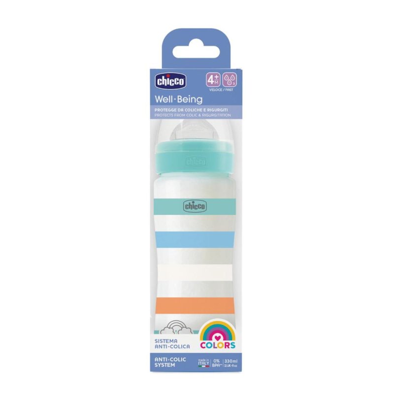 Biberon Chicco Well Being Azzurro 330 ml in Polipropilene con Tettarella in Silicone Anticolica Biberon Chicco Well Being Azzurro 330 ml in Polipropilene con Tettarella in Silicone Anticolica