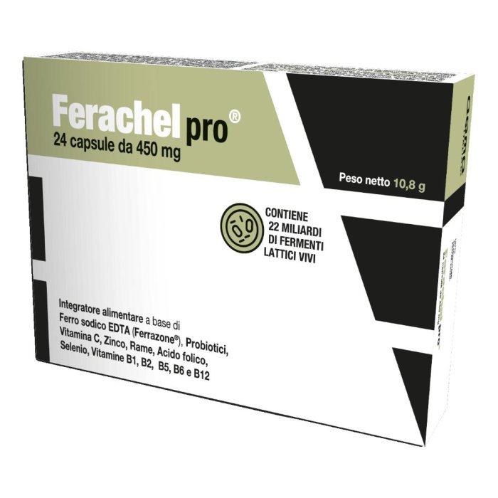 Ferachel Pro Integratore di Ferro 24 Capsule da 450 Milligrammi per Carenza di Ferro e Stanchezza Ferachel Pro Integratore di Ferro 24 Capsule da 450 Milligrammi per Carenza di Ferro e Stanchezza