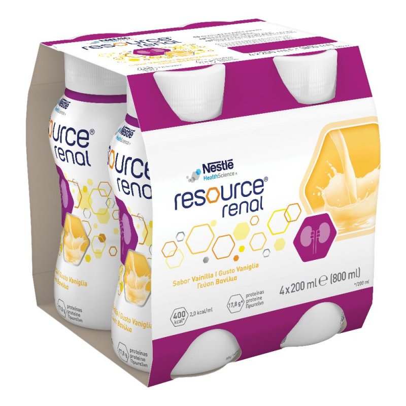 Nestlè Resource Renal Alimento a Fini Medici Speciali Gusto Vaniglia 4 bottigliette da 200 ml Nestlè Resource Renal Alimento a Fini Medici Speciali Gusto Vaniglia 4 bottigliette da 200 ml