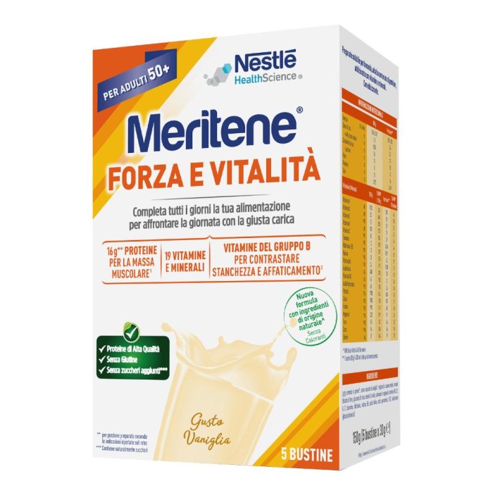 Meritene Forza & Vitalità - Alimento con Proteine Vitamine e Minerali gusto Vaniglia, 5 bustine Meritene Forza & Vitalità - Alimento con Proteine Vitamine e Minerali gusto Vaniglia, 5 bustine
