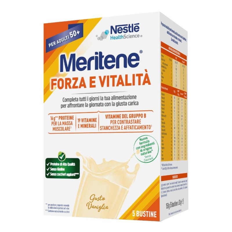 Meritene Forza & Vitalit&agrave; - Alimento con Proteine Vitamine e Minerali gusto Vaniglia, 5 bustine