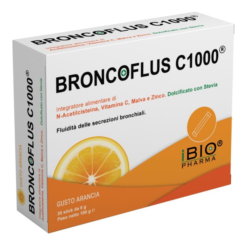 Broncoflus C1000 Integratore di Vitamina C ad Alto Dosaggio 20 Stick da 5 Grammi per Difese Immunitarie e Benessere Respiratorio