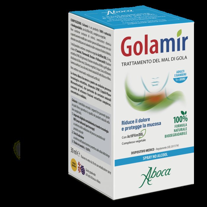 Aboca Golamir 2Act Spray No Alcool Dispositivo Medico Mal di Gola e Cavo Orale Vie Respiratorie 30 ml