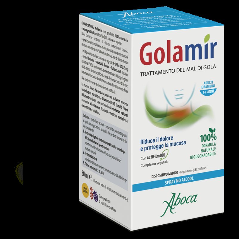 Aboca Golamir 2Act Spray No Alcool Dispositivo Medico Mal di Gola e Cavo Orale Vie Respiratorie 30 ml