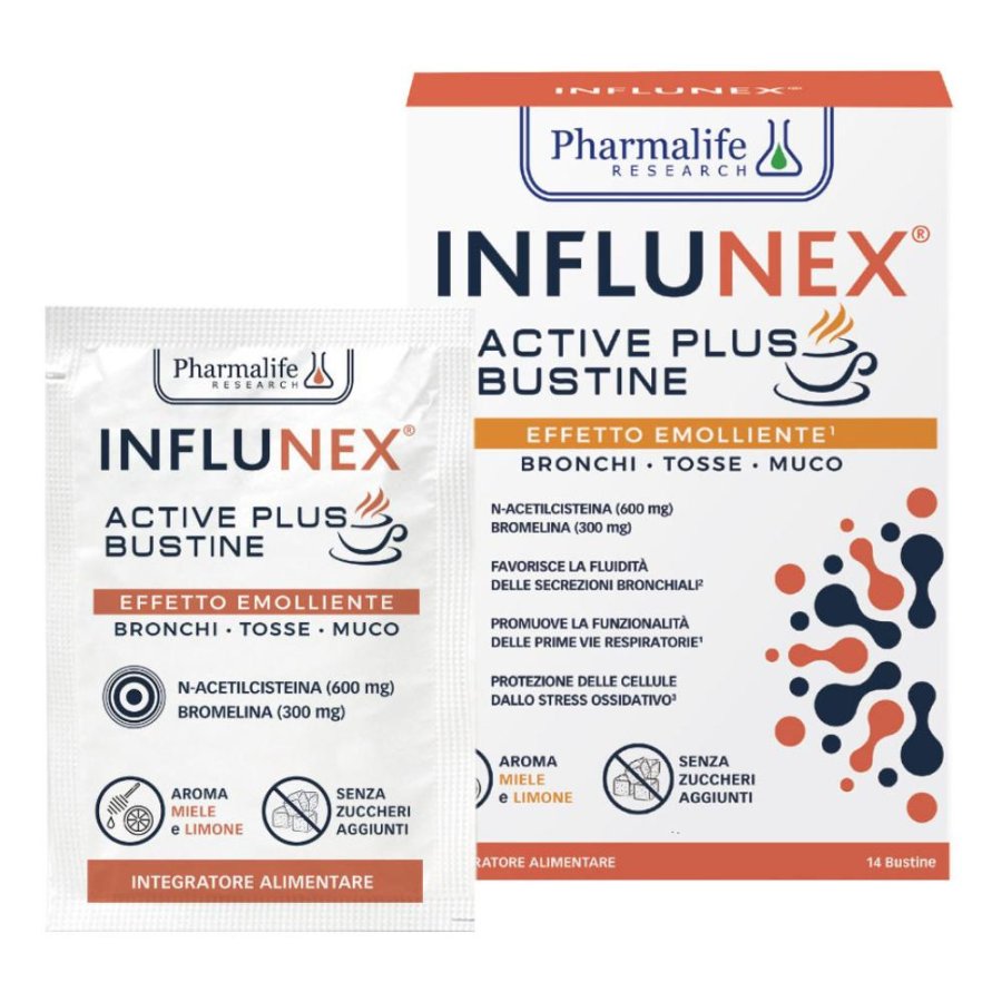 Pharmalife Research Influnex - Active Plus Emolliente Integratore Prime Vie Respiratorie 14 bustine Pharmalife Research Influnex - Active Plus Emolliente Integratore Prime Vie Respiratorie 14 bustine