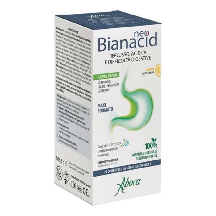 Aboca Neobianacid Gusto Limone Dispositivo Medico Acidit&agrave; Reflusso Difficolt&agrave; di Digestione Apparato Gastrointestinale 70 Compresse