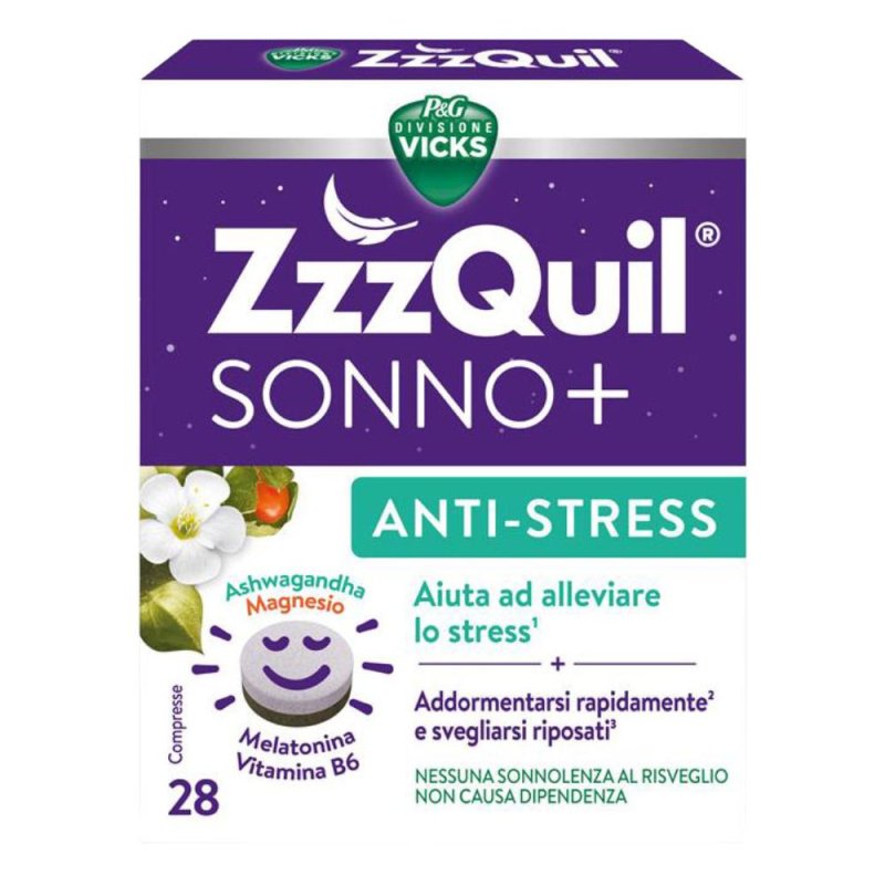 Zzzquil sonno+ anti-stress integratore con melatonina e ashwagandha 28 compresse