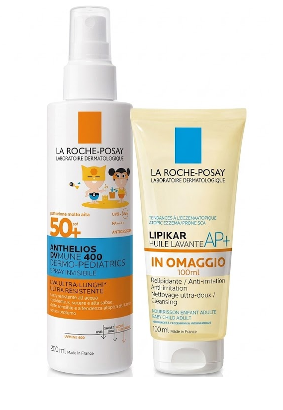 Anthelios spray UVMune bambino SPF50+ 200 ml con Lipikar olio detergente AP+ 100 ml
