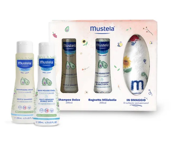Mustela Regali di Natale Cofanetto Regalo con Bagnetto Mille Bolle Shampoo Dolce e Turbante Asciugamano