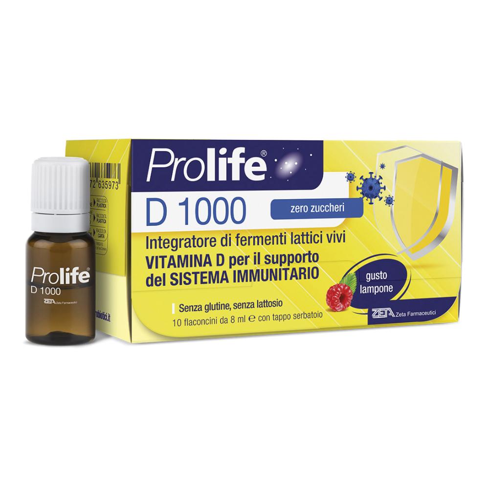 Prolife D 1000 Zero Zuccheri - 10 Flaconcini da 8ml Gusto Lampone - Integratore di Vitamina D3