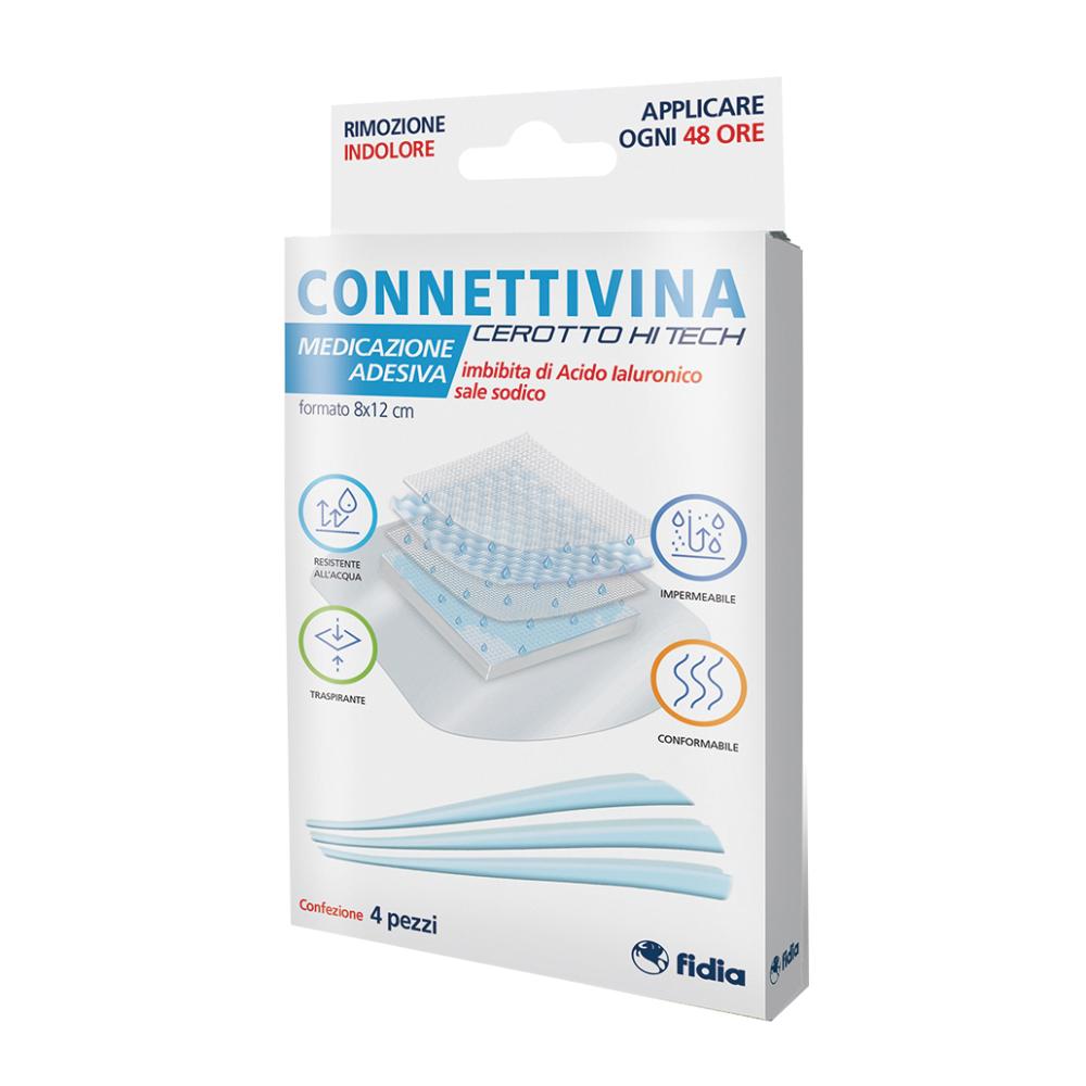 Connettivina cerotto Hi Tech 4 pezzi medicazione avanzata con acido ialuronico 0,3% 8 X 12 cm